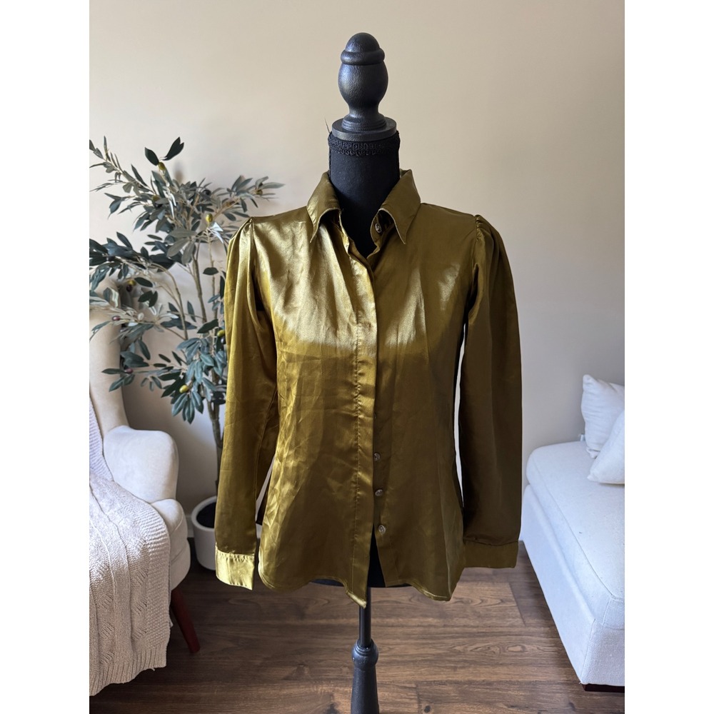 Bitterlime Olive Green Satin Puff Sleeve Button Down Shirt Size M NEW